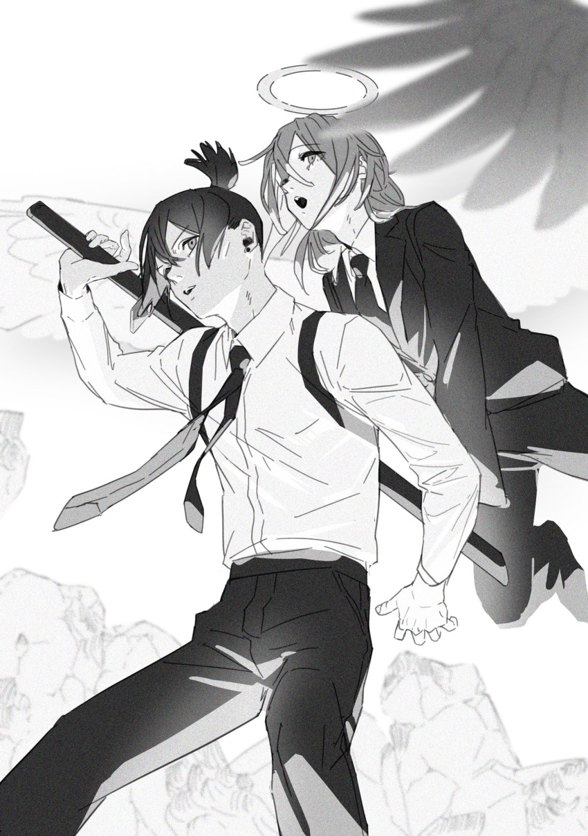 2boys, angel_devil_(chainsaw_man), bangs, black_hair, black_jacket, black_necktie, black_pants, chainsaw_man