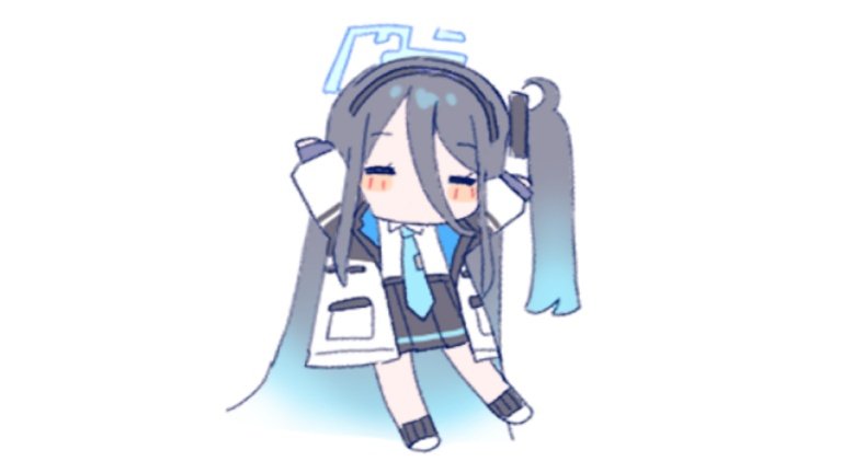 =_=, arisu_(blue_archive), arms_up, black_hair, black_hairband, blue_archive, blue_necktie, blush, chibi, collared_shirt, hairband, halo, jacket, multicolored_clothes, multicolored_jacket, necktie, one_side_up, penguin_(tendouaris), pleated_skirt, shirt, skirt, tie_clip