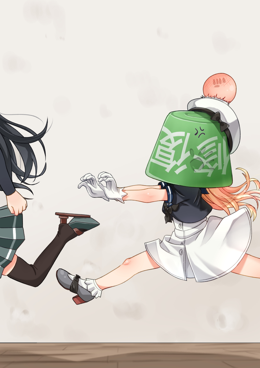 2girls, arm_warmers, asashio_(kancolle), black_hair, blonde_hair, bucket, bucket_on_head, chasing, comiching, commentary_request, dress, gloves, head_bump, highres, jervis_(kancolle), kantai_collection, mario_&amp;_wario, multiple_girls, object_on_head, pleated_skirt, skirt, thigh-highs, white_dress, white_gloves, wooden_floor