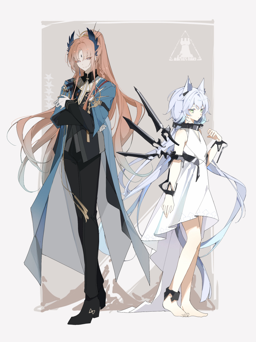 1boy, 1girl, :|, absurdres, animal_ears, arknights, barefoot, black_collar, black_footwear, black_jacket, black_pants, blue_cape, blue_eyes, blue_hair, bright_pupils, cape, cat_ears, cat_tail, closed_mouth, collar, crossed_arms, dress, expressionless, feather_hair_ornament, feathers, floating, floating_object, full_body, green_eyes, hair_ornament, hana_soretsu, highres, jacket, light_blue_hair, long_hair, looking_at_viewer, official_alternate_costume, orange_hair, pants, passenger_(arknights), passenger_(dream_in_a_moment)_(arknights), ponytail, rhodes_island_logo, rosmontis_(arknights), rosmontis_(become_anew)_(arknights), shoes, standing, tail, very_long_hair, white_dress, white_pupils