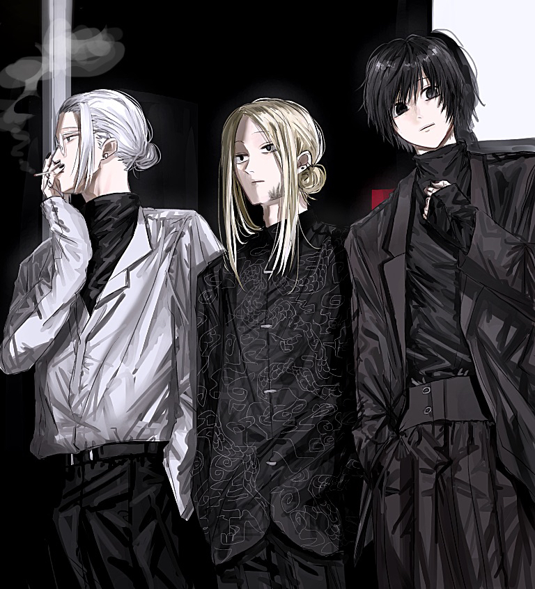 3boys, aged_down, asagi_(0w0), black_background, black_eyes, black_hair, black_pants, black_shirt, blonde_hair, clenched_hand, earrings, grey_hair, jewelry, long_sleeves, male_focus, multiple_boys, nagumo_(sakamoto_days), pants, print_shirt, sakamoto_days, sakamoto_taro, shirt, shishiba_(sakamoto_days), smoking, white_shirt