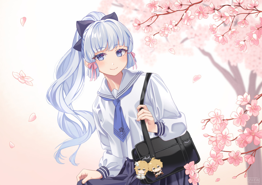 1girl, absurdres, aether_(genshin_impact), bag, bangs, black_bag, blue_hair, blue_neckerchief, blue_skirt, blunt_bangs, blush, character_print, cherry_blossoms, closed_mouth, commentary, english_commentary, flower, genshin_impact, highres, kamisato_ayaka, kamisato_ayaka_(heytea), keychain, light_blue_hair, long_hair, long_sleeves, looking_at_viewer, lumine_(genshin_impact), mole, mole_under_eye, neckerchief, official_alternate_costume, petals, pink_flower, ponytail, sailor_collar, school_bag, school_uniform, serafuku, shirt, skirt, skirt_hold, smile, solo, uniform, violet_eyes, white_sailor_collar, white_shirt, yura_s_arts