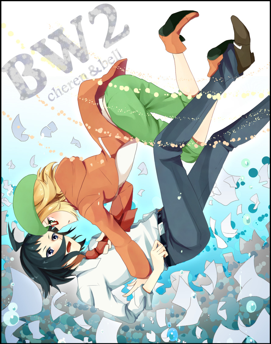 1boy, 1girl, ahoge, bad_id, bad_pixiv_id, belt, bianca_(pokemon), black_hair