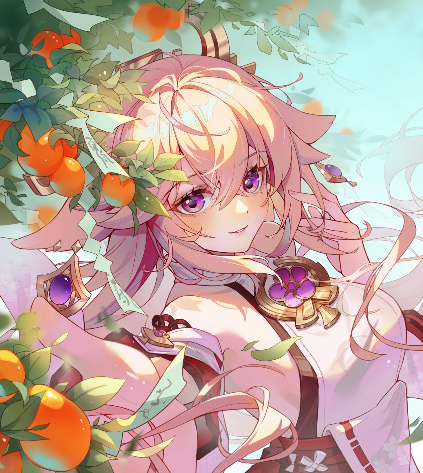 1girl, absurdres, ahoge, animal_ears, blush, chinese_commentary, commentary, detached_sleeves, earrings, fingernails, floating_hair, floppy_ears, food, fox_ears, fruit, genshin_impact, hair_between_eyes, hair_ornament, hands_up, highres, huahua_deluwei, japanese_clothes, jewelry, leaf, long_hair, looking_at_viewer, ofuda, parted_lips, pink_hair, shirt, sleeveless, sleeveless_shirt, smile, solo, upper_body, very_long_hair, violet_eyes, white_shirt, white_sleeves, yae_miko