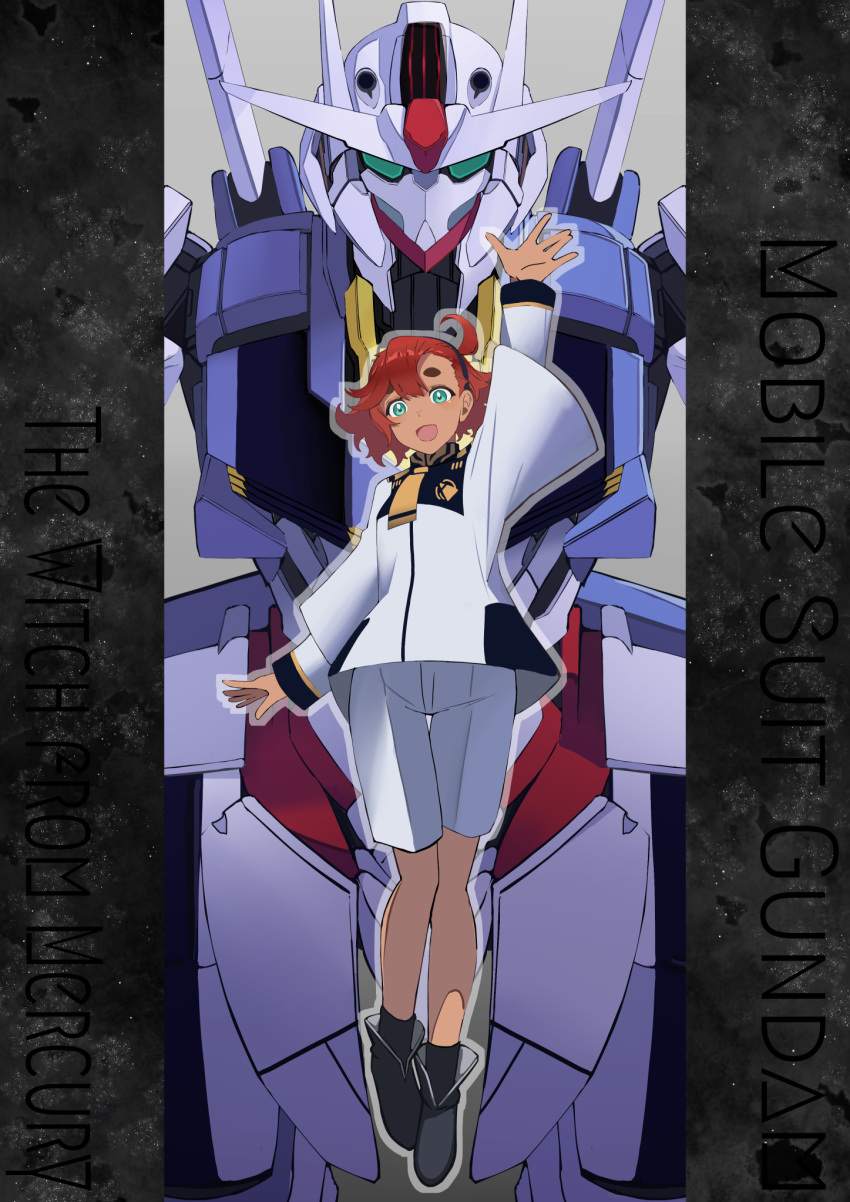 1girl, ahoge, arm_up, asticassia_school_uniform, bangs, black_hairband, blue_eyes, boots