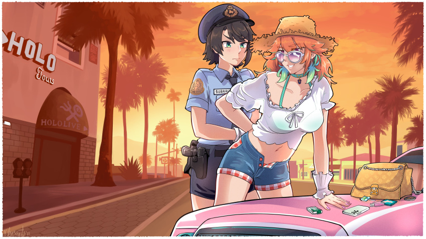absurdres, arm_scrunchie, arrest, bag, bangs, buttons, car, cellphone, collarbone, crmanzana, derivative_work, earrings, gloves, grand_theft_auto, grand_theft_auto_v, ground_vehicle, gun, handbag, hat, highres, hololive, hololive_english, holstered_weapon, jewelry, long_hair, motor_vehicle, multicolored_hair, multiple_girls, navel, oozora_subaru, orange_hair, palm_tree, phone, pink_hair, police, police_hat, police_uniform, policewoman, road, shirt, short_hair, shorts, smartphone, street, sunglasses, takanashi_kiara, tree, uniform, virtual_youtuber, weapon