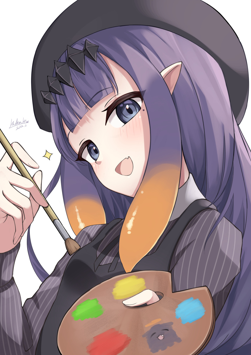 1girl, :d, absurdres, art_brush, bangs, black_dress, blunt_bangs, blush