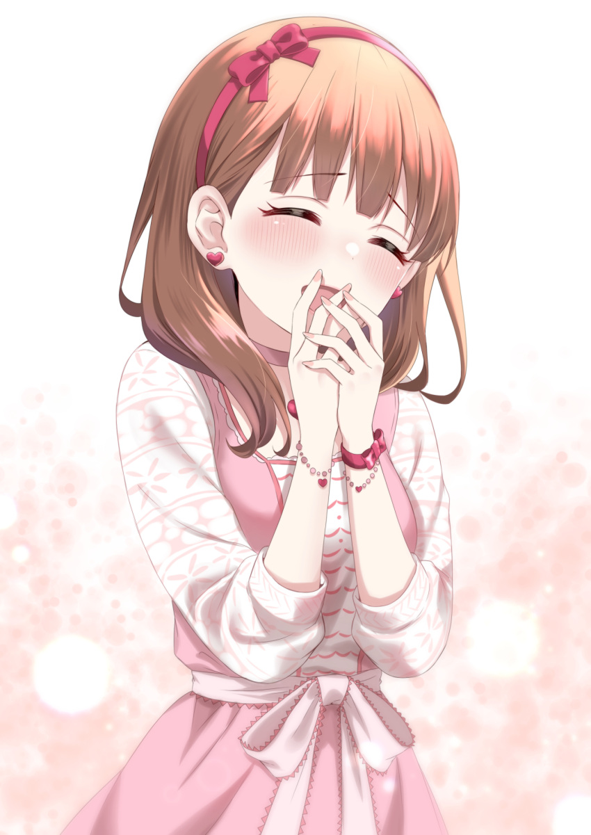 1girl, bangs, bead_bracelet, beads, blush, bobbles, bow, bracelet