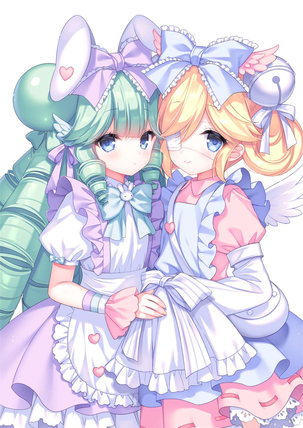 2girls, animal_ears, apron, bell, blonde_hair, blue_apron, blue_bow, blue_eyes