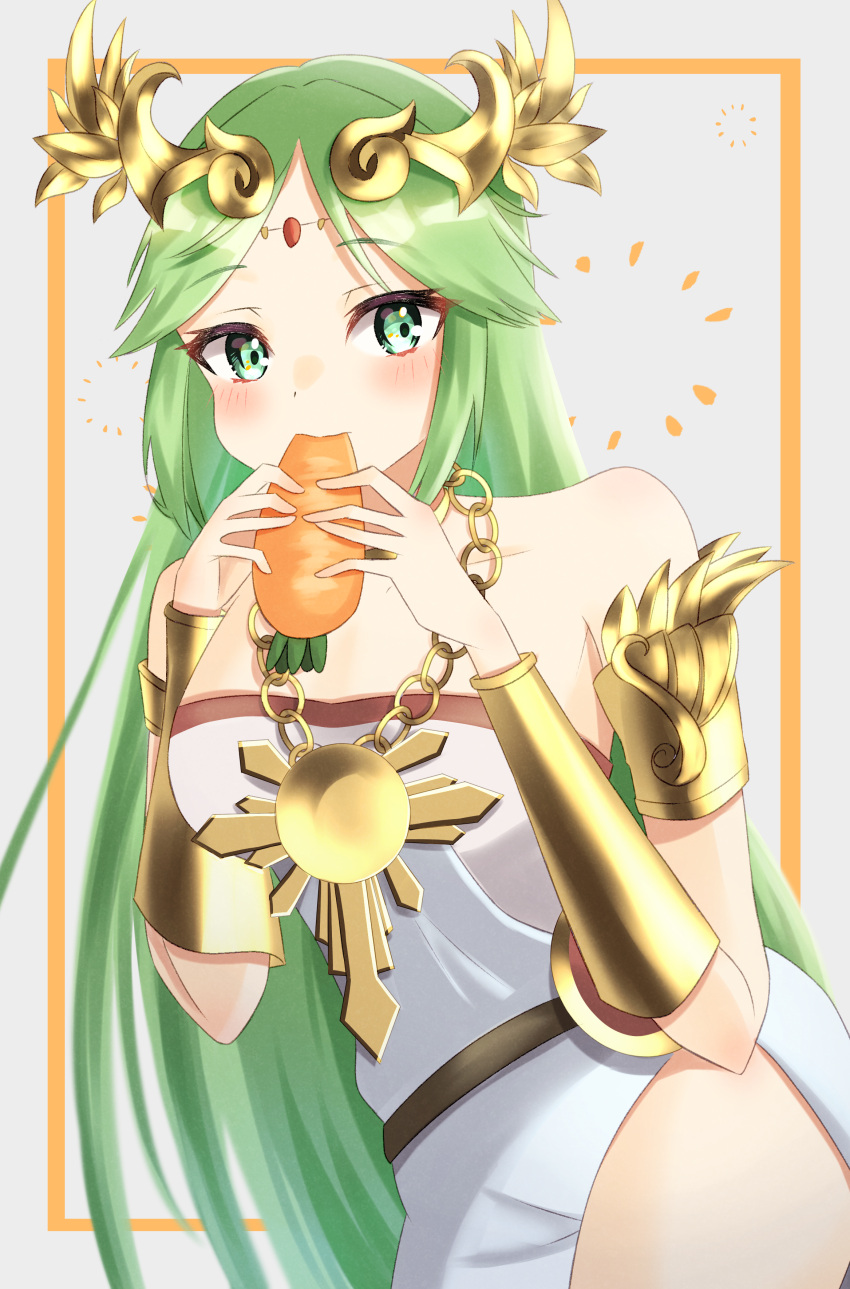 1girl, bare_shoulders, blush, carrot, commissioner_upload, eating, female_solo, green_eyes