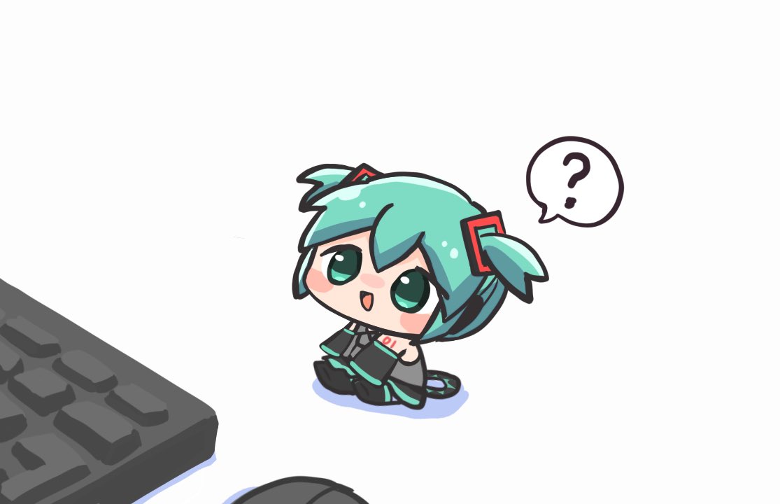 1girl, :d, ?, aqua_eyes, aqua_hair, chibi, hatsune_miku, keyboard_(computer)