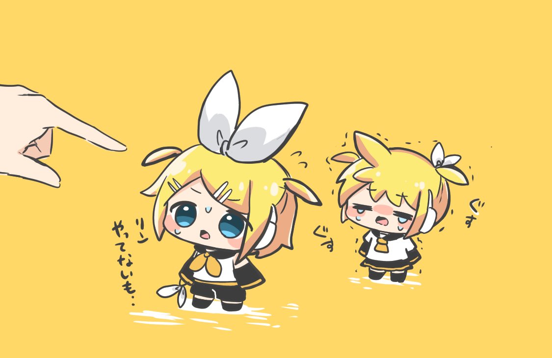1boy, 1girl, blonde_hair, blue_eyes, brother_and_sister, chibi, crying, headphones