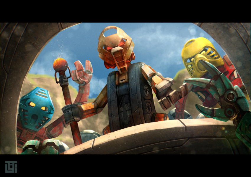 3boys, absurdres, bionicle, english_commentary, fewer_digits, highres, holding, holding_staff