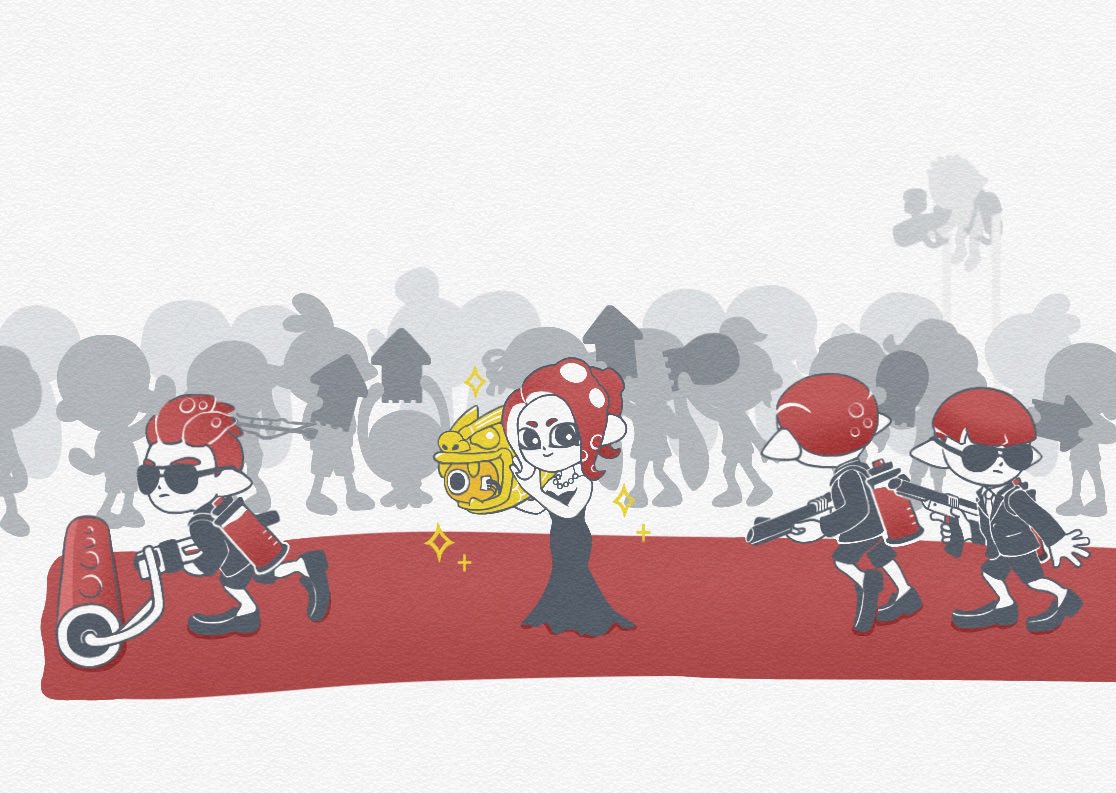 1girl, 3boys, bare_arms, bare_shoulders, bodyguard, cellphone, classic_squiffer_(splatoon), closed_mouth, crowd, dress, formal, ink_tank_(splatoon), inkjet_(splatoon), inkling, inkling_boy, jacket, jellyfish_(splatoon), jewelry, long_sleeves, multiple_boys, n-zap_(splatoon), necklace, necktie, octarian, octoling, octoling_girl, over_shoulder, paint, pearl_necklace, phone, pointy_ears, rainmaker_(splatoon), redhead, running, shoes, short_hair, shorts, smartphone, smile, sparkle, splat_roller_(splatoon), splatoon_(series), splatoon_2, sprikasan, strapless, strapless_dress, suction_cups, sunglasses, tentacle_hair