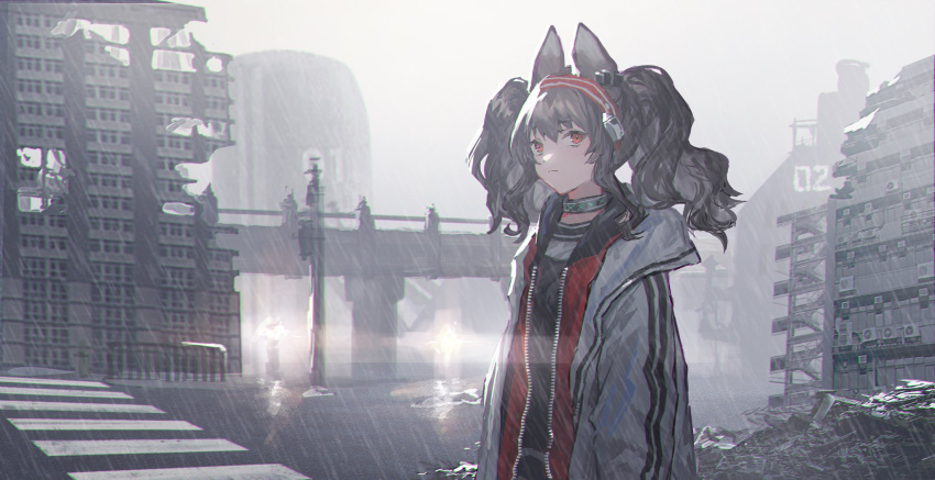 1girl, angelina_(arknights), animal_ears, arknights, black_collar, black_shirt, brown_hair, building