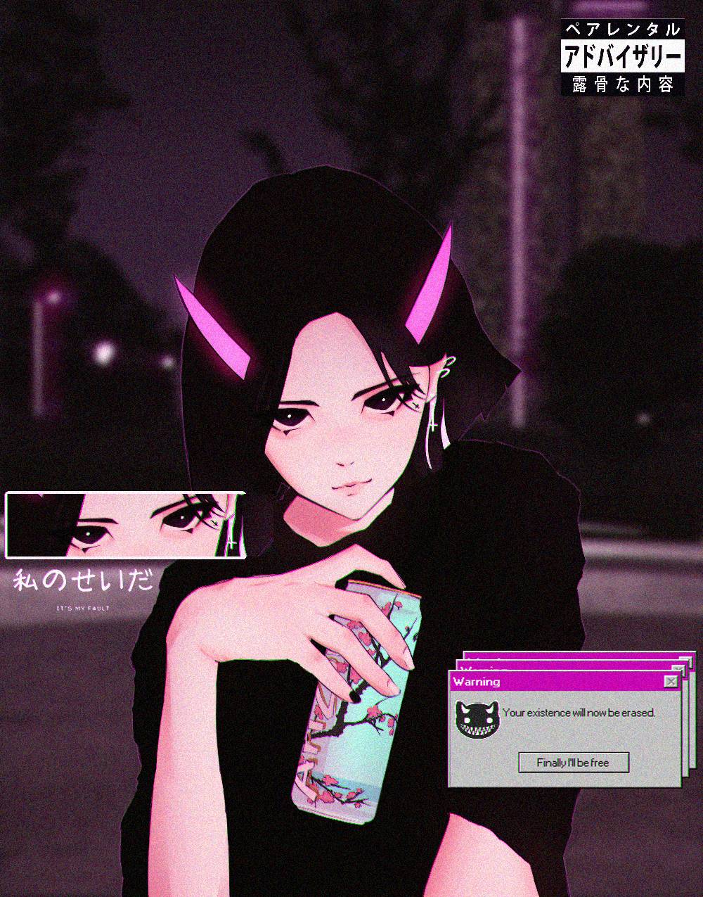 1girl, arizona_(drink), black_eyes, black_hair, can, earrings, english_commentary, english_text