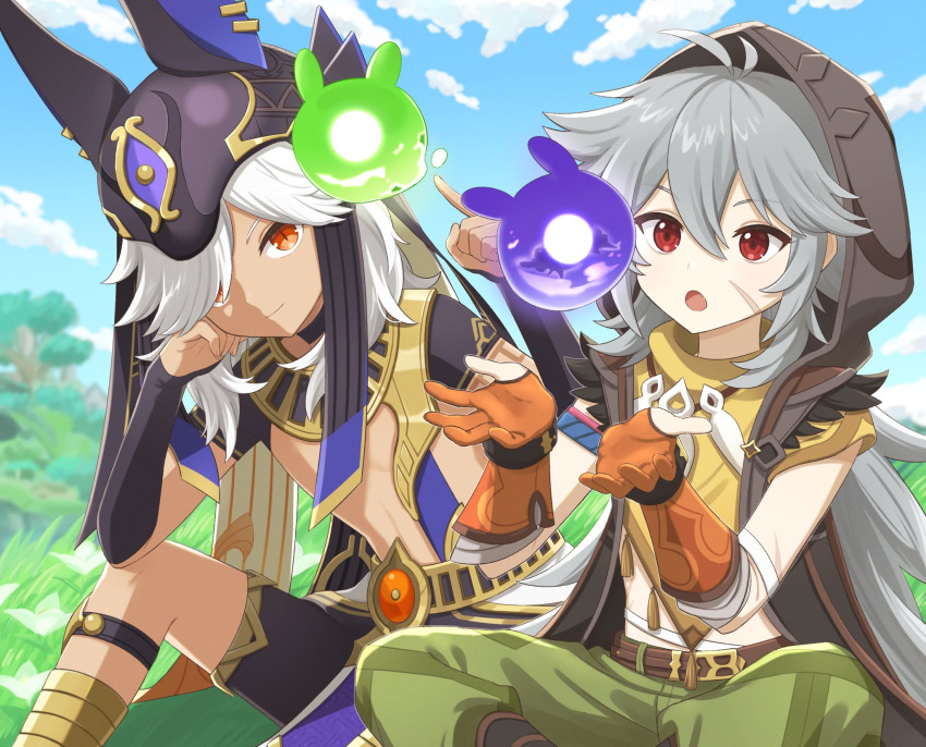 2boys, animal_ears, animal_hat, armor, bangs, closed_mouth, cyno_(genshin_impact), dark-skinned_male