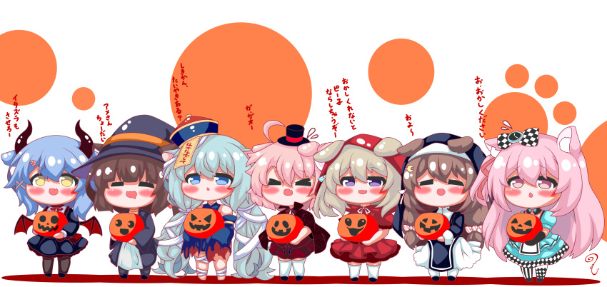 >_<, 6+girls, :3, :d, absurdres, ahoge, animal_ear_fluff, animal_ears, argyle, argyle_bow, asymmetrical_legwear, azur_lane, bandaged_leg, bandages, bangs, barefoot, black_cape, black_dress, black_footwear, black_gloves, black_headwear, black_pantyhose, black_robe, black_shirt, black_skirt, blue_dress, blue_eyes, blue_hair, blush, bow, brown_hair, candy_hair_ornament, cape, capelet, cat_ears, chestnut_mouth, chibi, closed_eyes, colored_shadow, commentary_request, cosplay, crescent, crescent_hair_ornament, demon_girl, demon_horns, demon_wings, detached_sleeves, dog_ears, dress, drooling, ears_through_headwear, elbow_gloves, facing_viewer, fang, food-themed_hair_ornament, fumizuki_(azur_lane), gloves, grey_pantyhose, habit, hair_between_eyes, hair_bow, hair_ornament, hair_ribbon, hairclip, halloween, hat, highres, holding, hood, hood_up, hooded_capelet, horns, jack-o'-lantern, jiangshi_costume, kisaragi_(azur_lane), kurukurumagical, little_red_riding_hood, little_red_riding_hood_(grimm), little_red_riding_hood_(grimm)_(cosplay), long_hair, long_sleeves, mikazuki_(azur_lane), minazuki_(azur_lane), mini_hat, mini_top_hat, mini_wings, mismatched_legwear, mouth_drool, multiple_girls, mutsuki_(azur_lane), mutsuki_face, nagatsuki_(azur_lane), neck_ribbon, nun, ofuda, one_side_up, open_mouth, pantyhose, parted_lips, pink_hair, pleated_skirt, puffy_long_sleeves, puffy_short_sleeves, puffy_sleeves, qing_guanmao, red_capelet, red_headwear, red_ribbon, red_skirt, red_wings, ribbon, robe, shadow, shirt, shoes, short_sleeves, simple_background, skirt, sleeveless, sleeveless_dress, sleeves_past_fingers, sleeves_past_wrists, smile, standing, thigh-highs, tilted_headwear, top_hat, torn_clothes, torn_sleeves, translation_request, twintails, uzuki_(azur_lane), very_long_hair, violet_eyes, white_background, white_pantyhose, white_thighhighs, wide_sleeves, wings, witch_hat, yellow_eyes