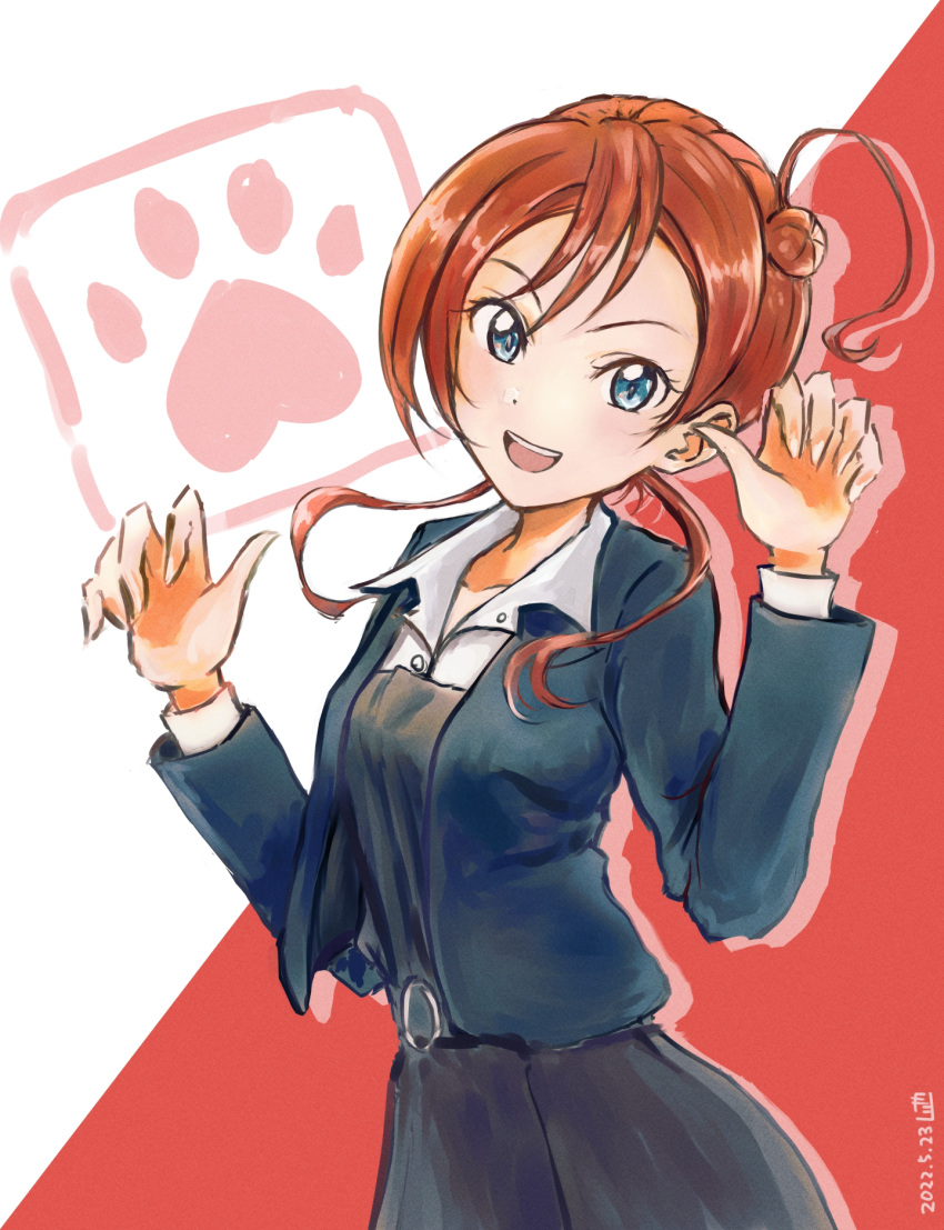 1girl, bangs, blue_eyes, collarbone, commentary, cropped_jacket, dated, dress, hair_bun, highres, jungle_zzz, looking_at_viewer, love_live!, love_live!_superstar!!, paw_print, pinafore_dress, red_background, redhead, school_uniform, single_side_bun, solo, two-tone_background, upper_body, white_background, yoneme_mei, yuigaoka_school_uniform