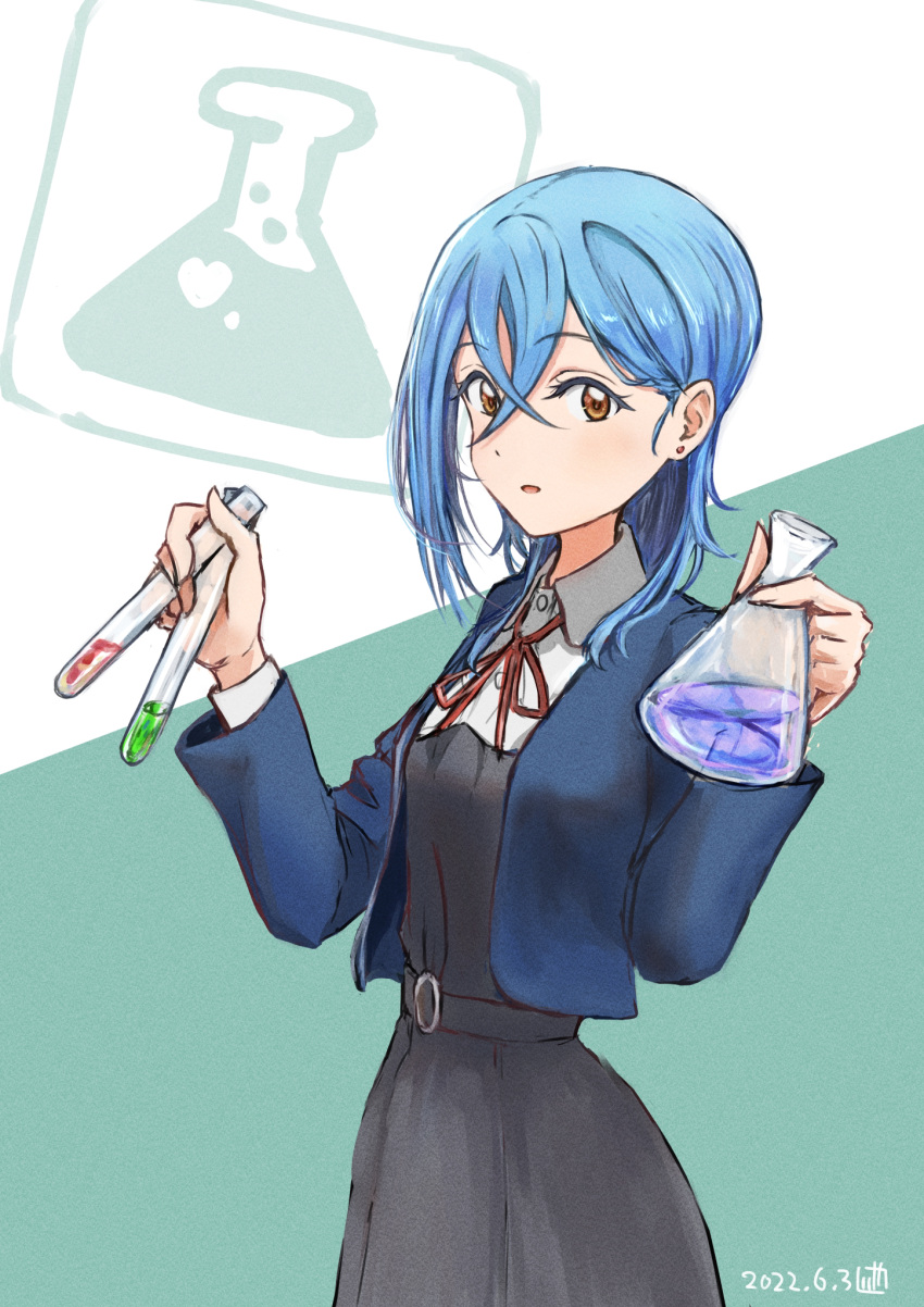 1girl, blue_hair, brown_eyes, commentary, dated, dress, earrings, erlenmeyer_flask, flask, green_background, hair_between_eyes, highres, holding, holding_flask, holding_test_tube, jewelry, jungle_zzz, love_live!, love_live!_superstar!!, pinafore_dress, school_uniform, short_hair, single_sidelock, solo, test_tube, two-tone_background, upper_body, wakana_shiki, white_background, yuigaoka_school_uniform