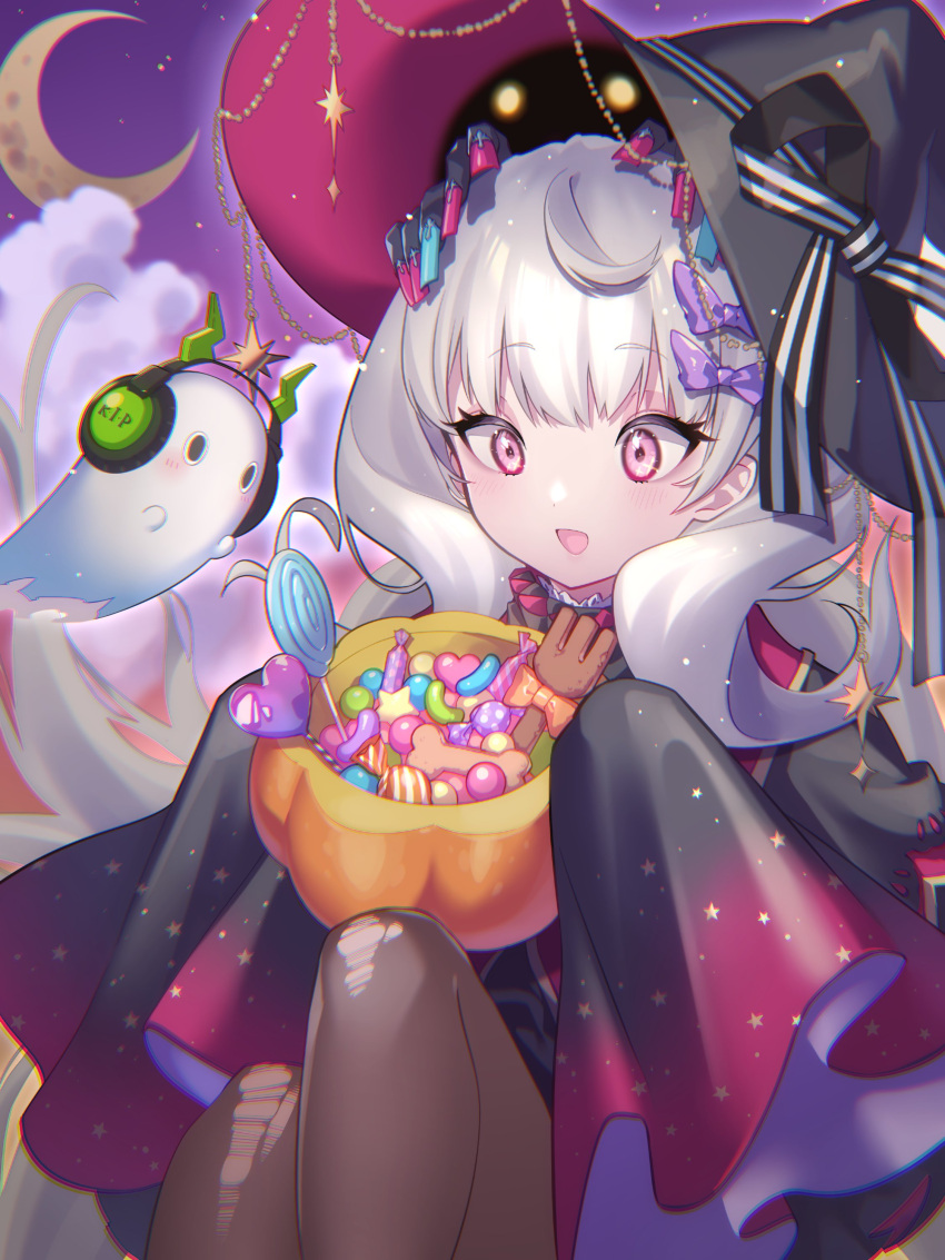 1girl, 1other, absurdres, black_dress, blush, bow, candy, candy_heart