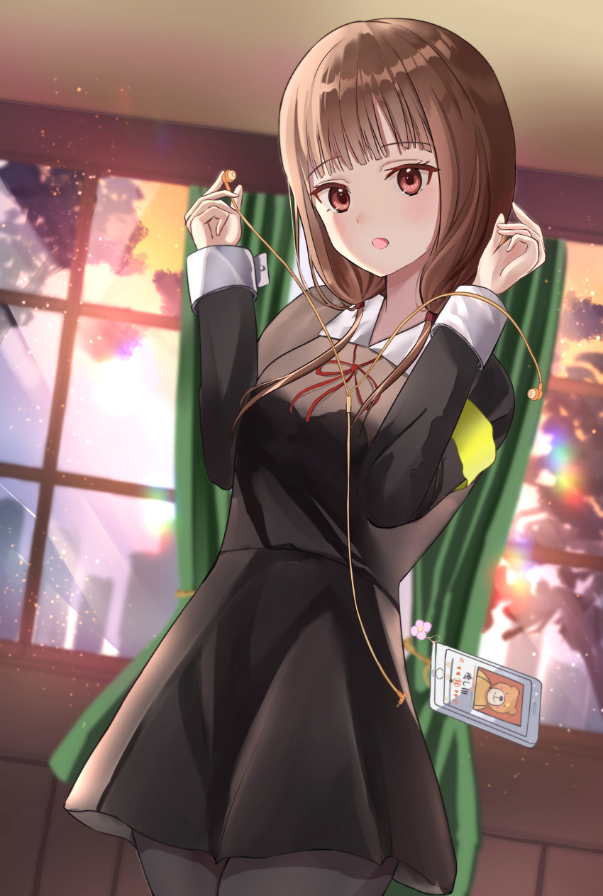 1girl, :o, absurdres, bangs, black_dress, blunt_bangs, brown_eyes, brown_hair