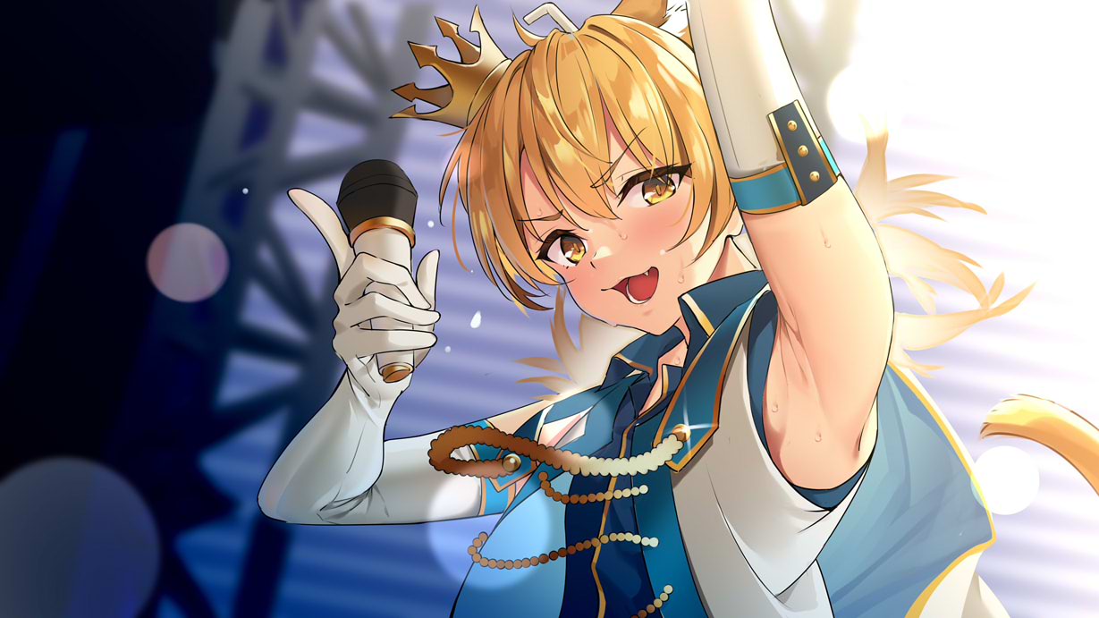 1boy, animal_ears, armpits, blonde_hair, cat_ears, cat_tail, crown, detached_sleeves