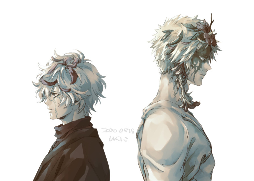 2boys, arborification, aza_choubei, back-to-back, black_robe, braid, collared_shirt, flower