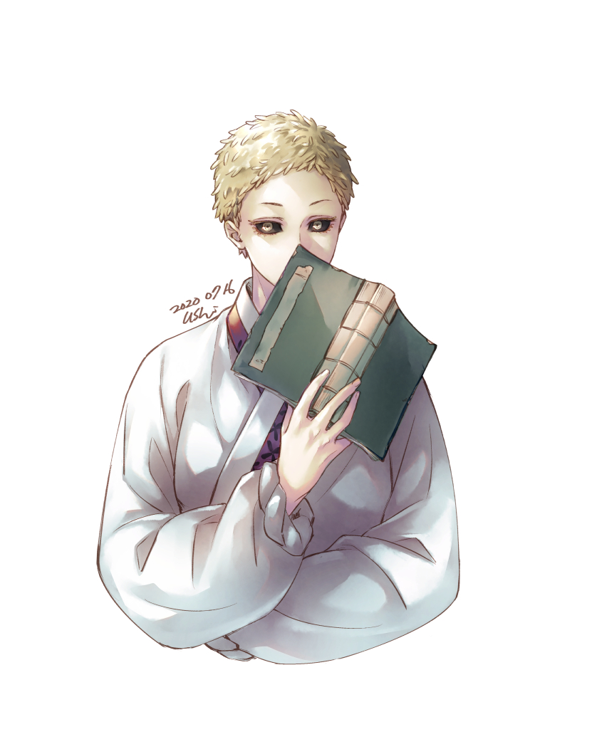 androgynous, black_sclera, blonde_hair, book, colored_sclera, gui_fa, holding, holding_book, jigokuraku, looking_at_viewer, open_book, robe, short_hair, simple_background, solo, upper_body, ushi_424, white_background, white_robe