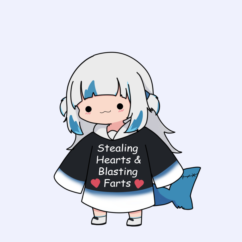 1girl, :3, bangs, blunt_bangs, chibi, clothes_writing, english_commentary, english_text