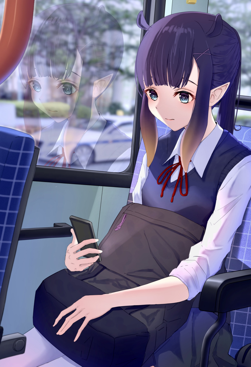 1girl, absurdres, alternate_hairstyle, animal_ears, bangs, blue_eyes, blue_vest, blunt_bangs