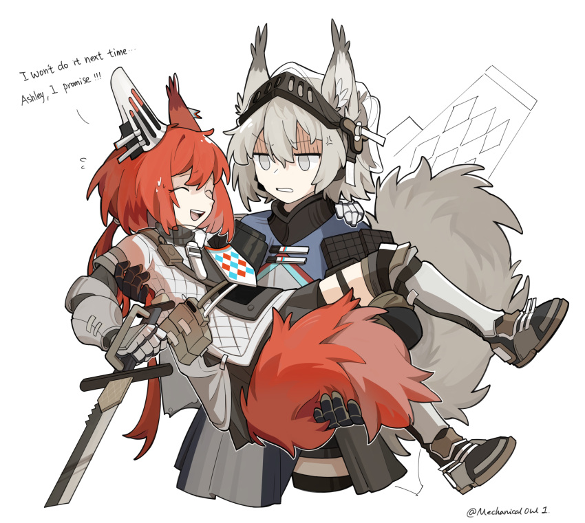 2girls, :d, ^_^, absurdres, anger_vein, animal_ears, arknights, ashlock_(arknights)