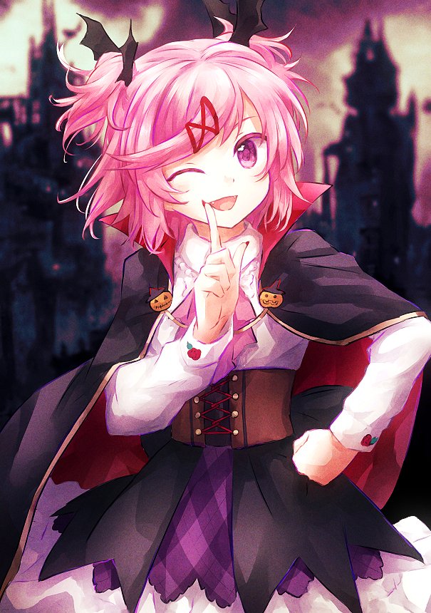 1girl, ;d, ascot, bangs, bat_hair_ornament, black_cape, blurry, blurry_background
