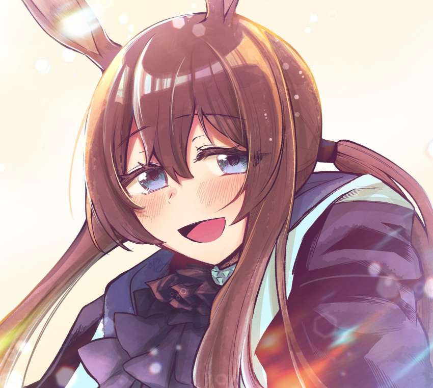 1girl, :d, amiya_(arknights), animal_ears, arknights, ascot, black_jacket, blue_ascot