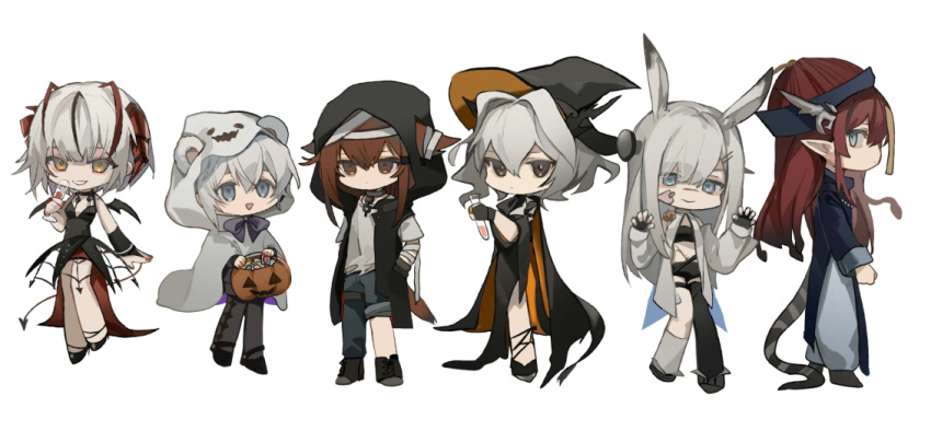 6+girls, ahoge, alternate_costume, animal_ear_fluff, animal_ears, antennae, arknights, asymmetrical_legwear