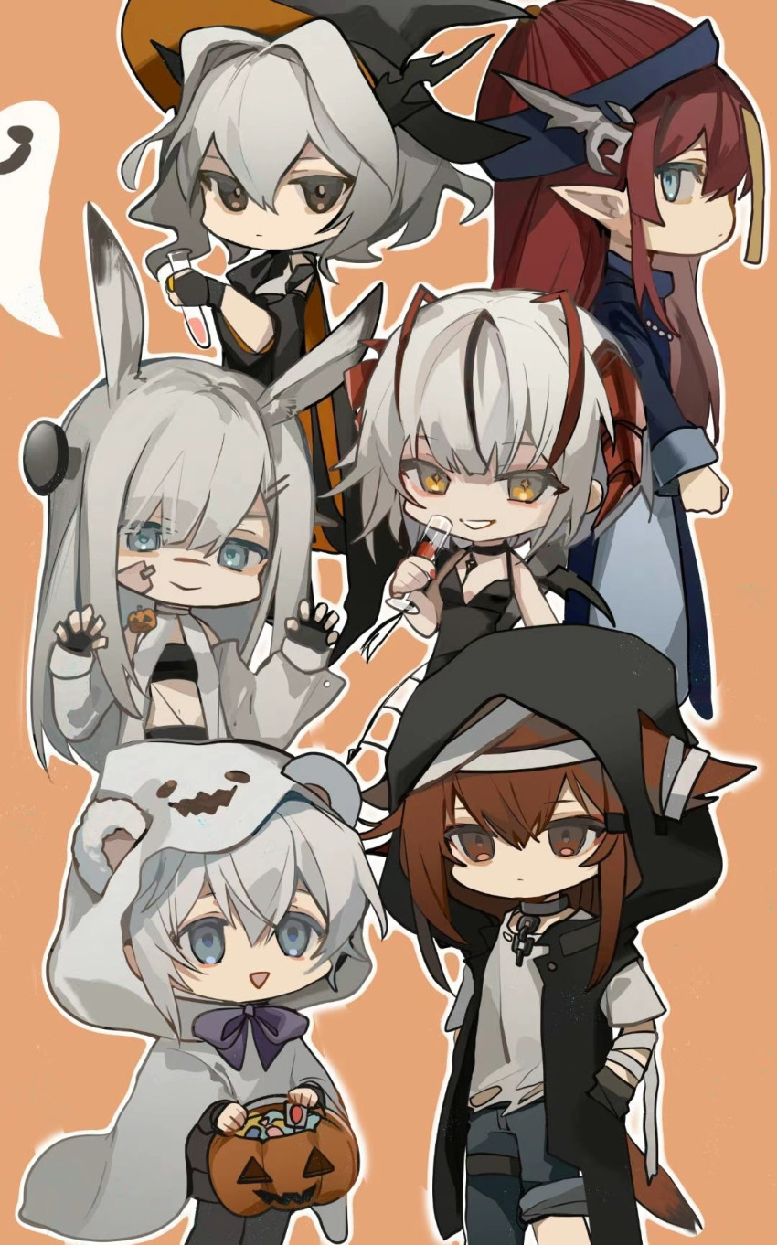 6+girls, ahoge, alternate_costume, animal_ear_fluff, animal_ears, antennae, arknights, asymmetrical_legwear