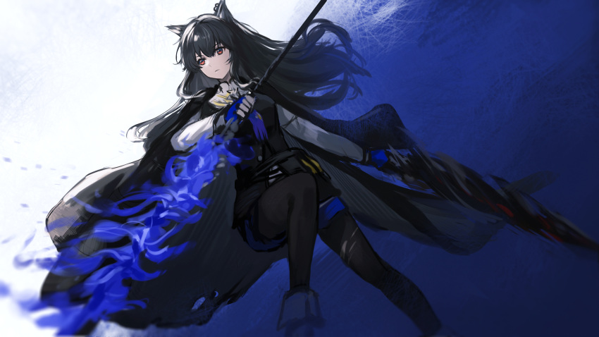 1girl, animal_ears, arknights, black_hair, black_pantyhose, black_vest, blue_background, blue_gloves