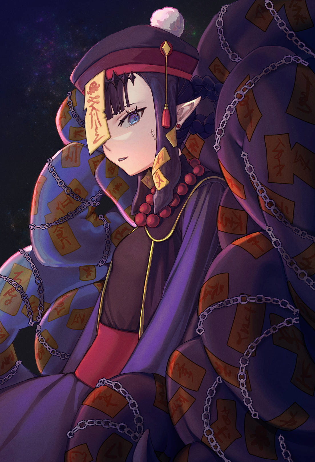 1girl, alternate_costume, bangs, black_hair, black_headwear, blue_eyes, blunt_bangs, chain