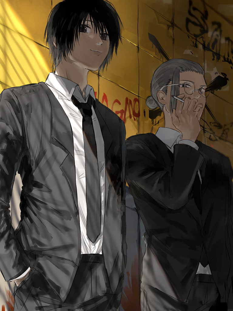 2boys, aged_down, asagi_(0w0), black_eyes, black_hair, black_necktie, black_suit, cigarette, day, formal, grey_hair, hair_bun, hair_slicked_back, hand_in_pocket, hand_up, long_sleeves, male_focus, multiple_boys, nagumo_(sakamoto_days), necktie, sakamoto_days, sakamoto_taro, shadow, shirt, short_hair, smoking, standing, suit, white_shirt