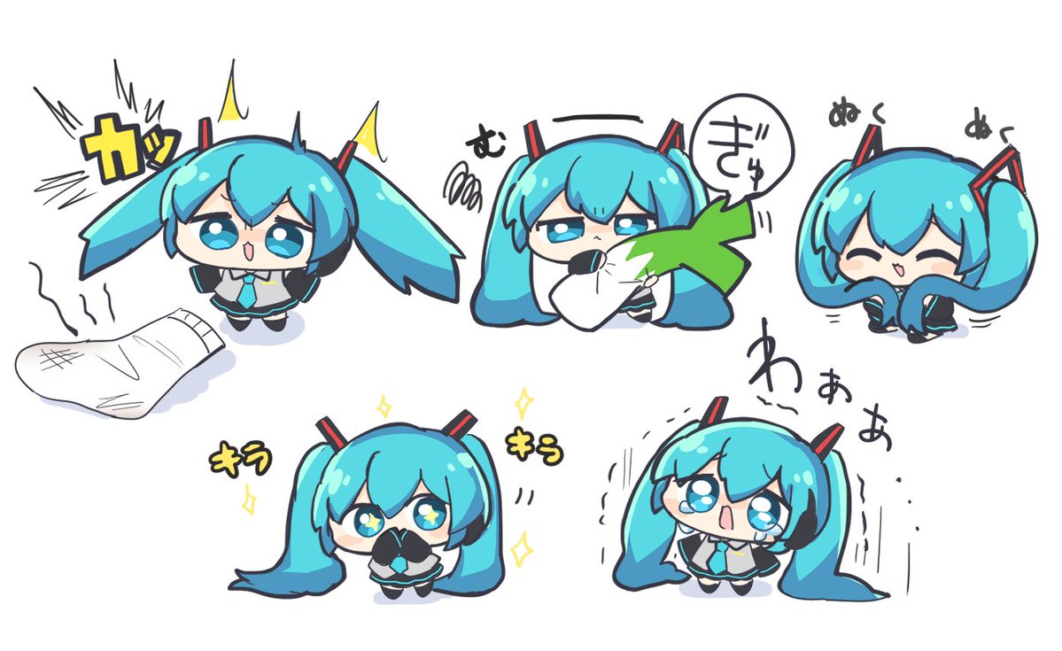 +_+, 1girl, :<, :3, ^_^, blue_eyes, blue_hair, chibi, closed_eyes, crying, crying_with_eyes_open, dakimakura_(object), hatsune_miku, long_hair, nontao, pillow, spring_onion, tears, twintails, vocaloid, white_background