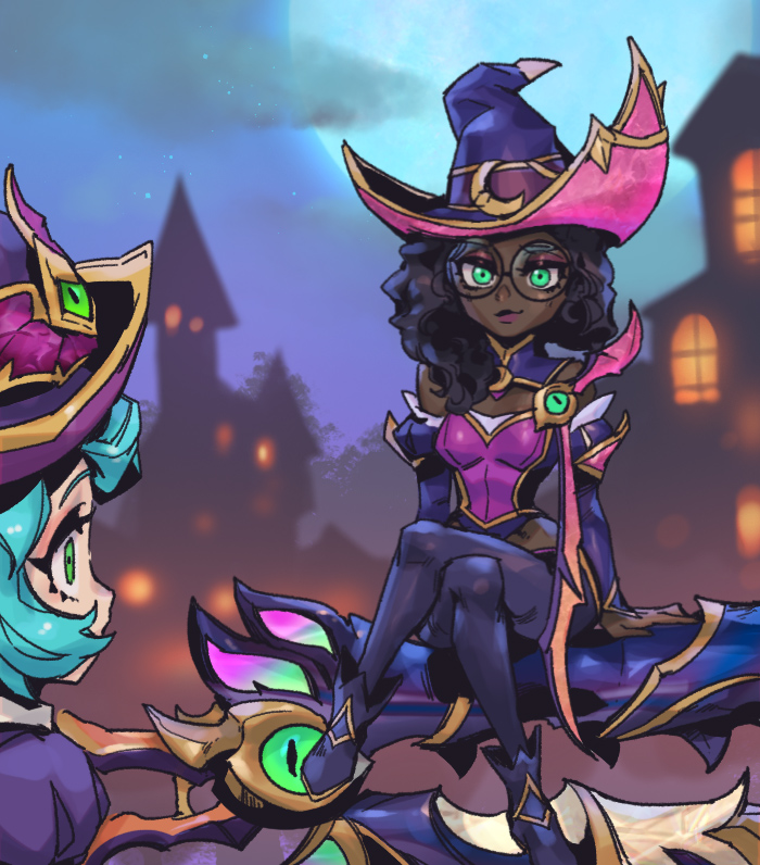 2girls, bangs, bewitching_senna, black_footwear, black_hair, black_headwear, black_pantyhose, breasts, building, character_request, crescent, crossed_legs, dark-skinned_female, dark_skin, glasses, green_eyes, green_hair, house, league_of_legends, long_hair, medium_breasts, moon, multiple_girls, night, official_alternate_costume, outdoors, pantyhose, phantom_ix_row, pink_headwear, puffy_short_sleeves, puffy_sleeves, red_headwear, round_eyewear, senna_(league_of_legends), short_hair, short_sleeves, sitting, smile, two-sided_fabric, two-sided_headwear, weapon