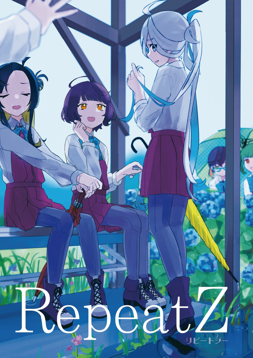 3girls, absurdres, ahoge, aqua_bow, aqua_bowtie, asashimo_(kancolle), black_hair, blurry, bonozako, boots, bow, bowtie, brown_hair, closed_eyes, collared_shirt, commentary_request, cross-laced_footwear, depth_of_field, double_bun, dress, dress_shirt, flower, grey_pantyhose, greyscale, hair_bun, highres, kantai_collection, kishinami_(kancolle), lace-up_boots, long_hair, makinami_(kancolle), matching_outfit, monochrome, multiple_girls, okinami_(kancolle), pantyhose, pleated_dress, ponytail, purple_dress, school_uniform, shirt, short_hair, takanami_(kancolle), umbrella, white_shirt