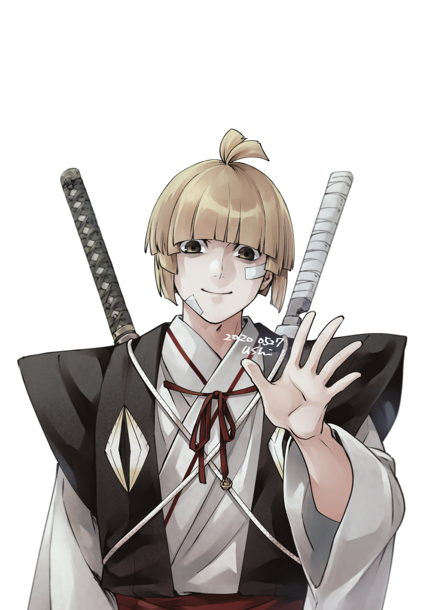 1boy, ahoge, bandages, bell, blonde_hair, bowl_cut, brown_eyes, hakama