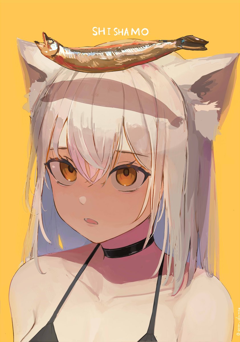 1girl, animal_ear_fluff, aster_drawing, bare_shoulders, choker, commentary, fang, fish