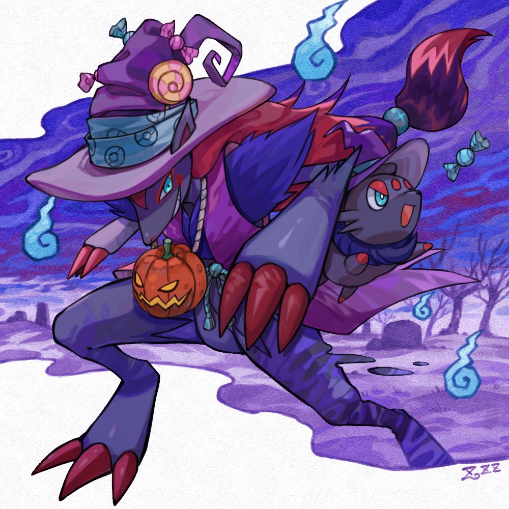 bare_tree, candy_wrapper, claws, commentary_request, evolutionary_line, green_eyes, hat, hatted_pokemon
