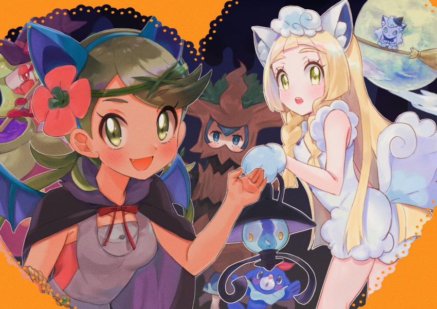 3girls, :d, abe_(kumayu), alolan_vulpix, bangs, black_cape, blonde_hair, blue_hairband