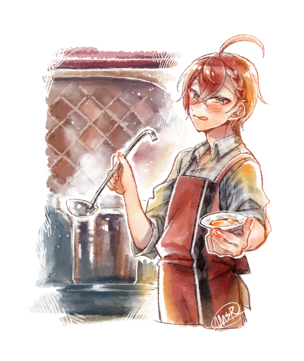 1boy, :q, ahoge, apron, bangs, blush, braid, braided_bangs
