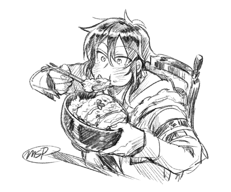 1boy, blush, bowl, bungou_to_alchemist, chair, chopsticks, eating, greyscale