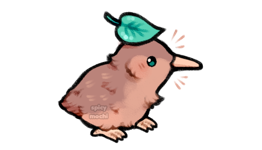 animal, animal_focus, bird, brown_feathers, chibi, commentary, english_commentary, feathers, full_body, kiwi_(bird), leaf, leaf_on_head, looking_at_viewer, no_humans, original, simple_background, spicymochi, watermark, white_background