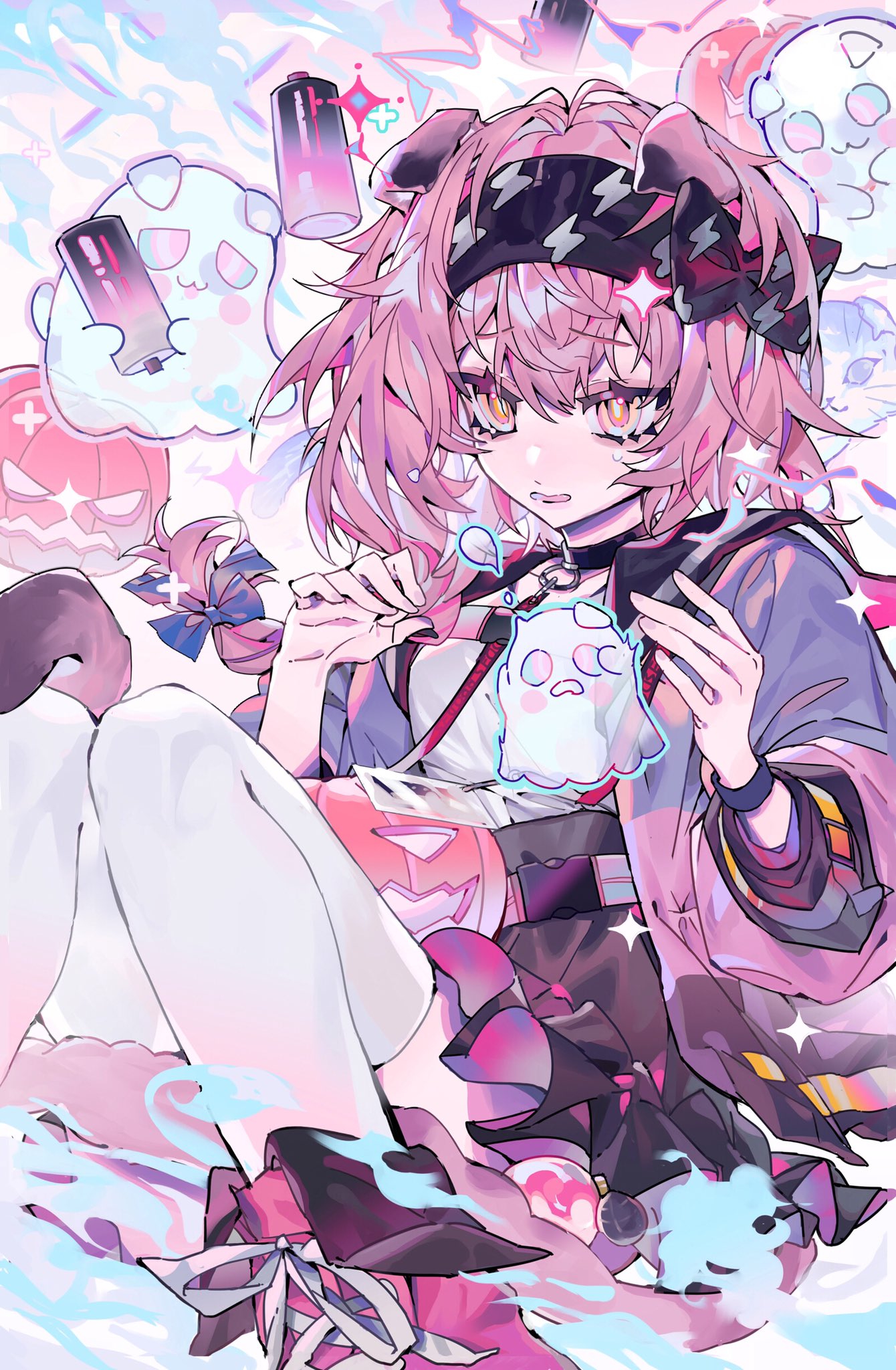 1girl, animal_ears, arknights, black_collar, black_hairband, black_skirt, braid, cat_ears